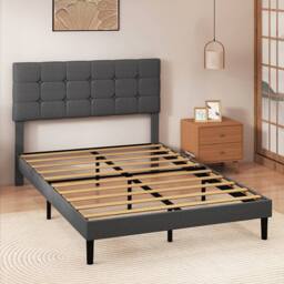 Levede Bed Frame Upholstered Linen Headboard Tufted Wooden Slat Grey - Size: King - thumbnail 2