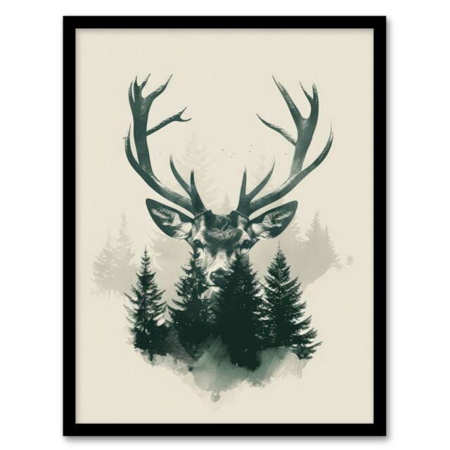 "Artery8 Wall Art Print Stag Head & Pine Trees Forest Design Art Framed Poster in Black - Size: W12"" x H16""" - image 1