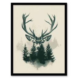 "Artery8 Wall Art Print Stag Head & Pine Trees Forest Design Art Framed Poster in Black - Size: W12"" x H16""" - thumbnail 1