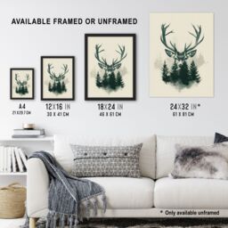 "Artery8 Wall Art Print Stag Head & Pine Trees Forest Design Art Framed Poster in Black - Size: W12"" x H16""" - thumbnail 3