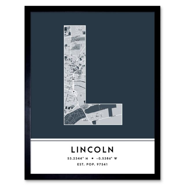 "Wee Blue Coo Wall Art Print Lincoln England United Kingdom City Map Modern Typography Stylish Letter Framed Word in Navy - Size: W12"" x H16""" - image 1