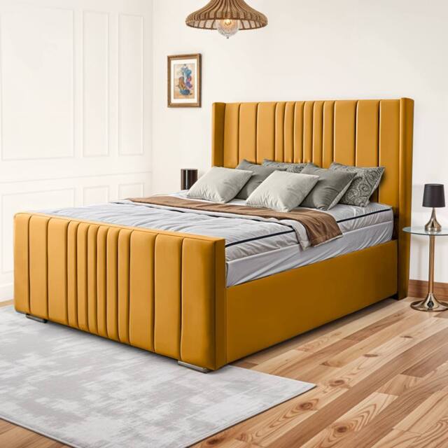 UK Bed Furniture Balmoral Wingback Upholstered Bed with 48 Inch Headboard Slatted Base in Mustard - Size: Small Double - image 1