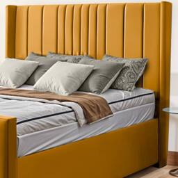 UK Bed Furniture Balmoral Wingback Upholstered Bed with 48 Inch Headboard Slatted Base in Mustard - Size: Small Double - thumbnail 2