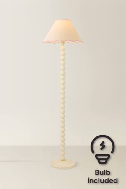 ValueLights Bobbin Colour Trim Linen Shade Cream Bobble Floor Lamp with Bulb in Baby Pink - image 1