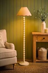 ValueLights Bobbin Colour Trim Linen Shade Cream Bobble Floor Lamp with Bulb in Baby Pink - thumbnail 3