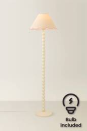 ValueLights Bobbin Colour Trim Linen Shade Cream Bobble Floor Lamp with Bulb in Baby Pink