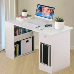 VOGREX Computer Desk H Shaped PC Laptop Gaming Table W/ Book Shelves Bookcase in White - Size: 100 cm x 15 cm - thumbnail 5