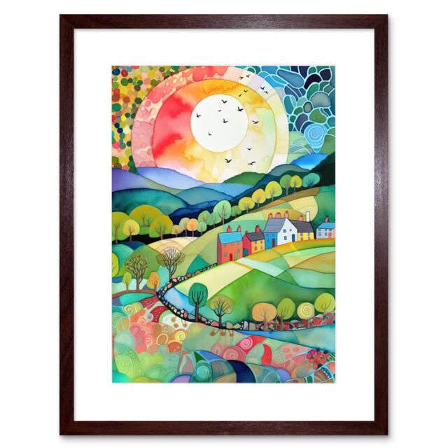 "Artery8 Wall Art Print Rural Landscape English Countryside Sunrise Folk Art Watercolour Painting Artwork Framed 9X7 Inch in Brown - Size: W7"" x H9""" - image 1