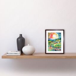 "Artery8 Wall Art Print Rural Landscape English Countryside Sunrise Folk Art Watercolour Painting Artwork Framed 9X7 Inch in Brown - Size: W7"" x H9""" - thumbnail 2