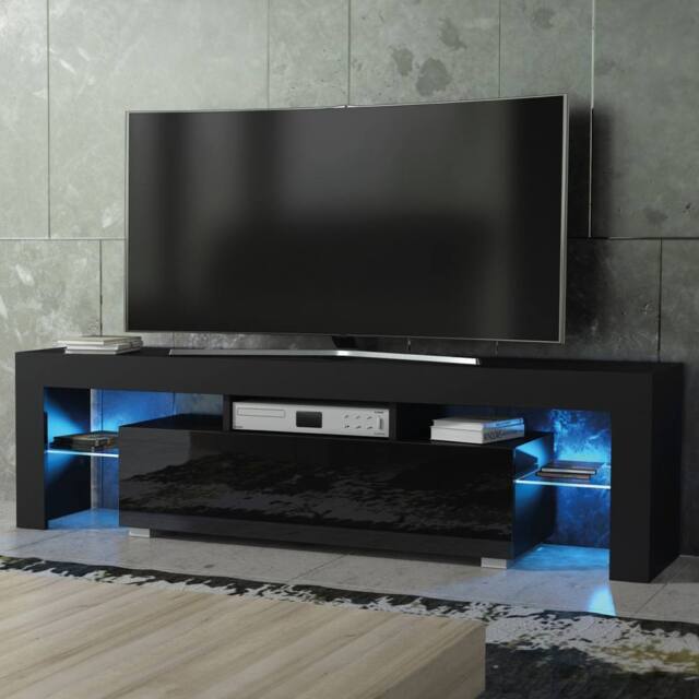 Mex Furniture LTD TV Unit Aria 160cm - Black with Gloss Doors & LED Lights - image 1