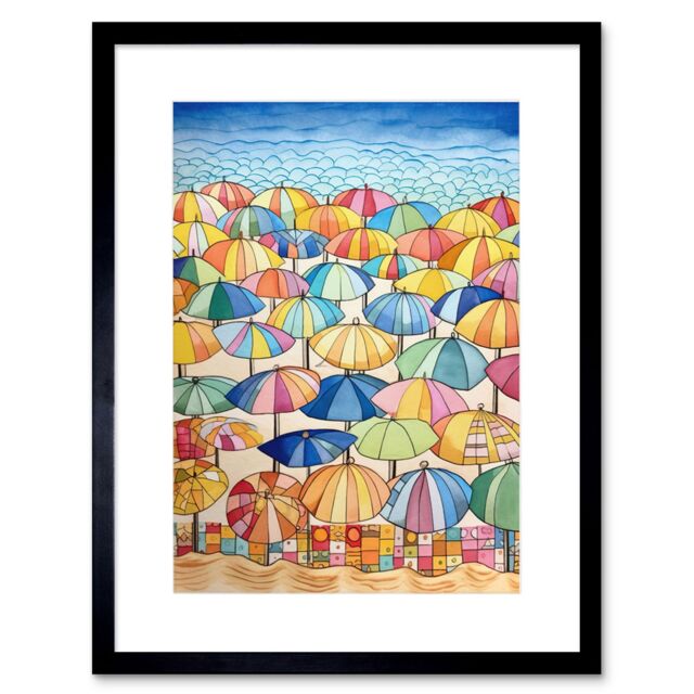 Artery8 Wall Art Print Summer At The Seaside With Colourful Beach Umbrellas On The Sand Watercolour Painting Artwork Framed 9X7 Inch - image 1