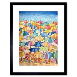 Artery8 Wall Art Print Summer At The Seaside With Colourful Beach Umbrellas On The Sand Watercolour Painting Artwork Framed 9X7 Inch - thumbnail 1