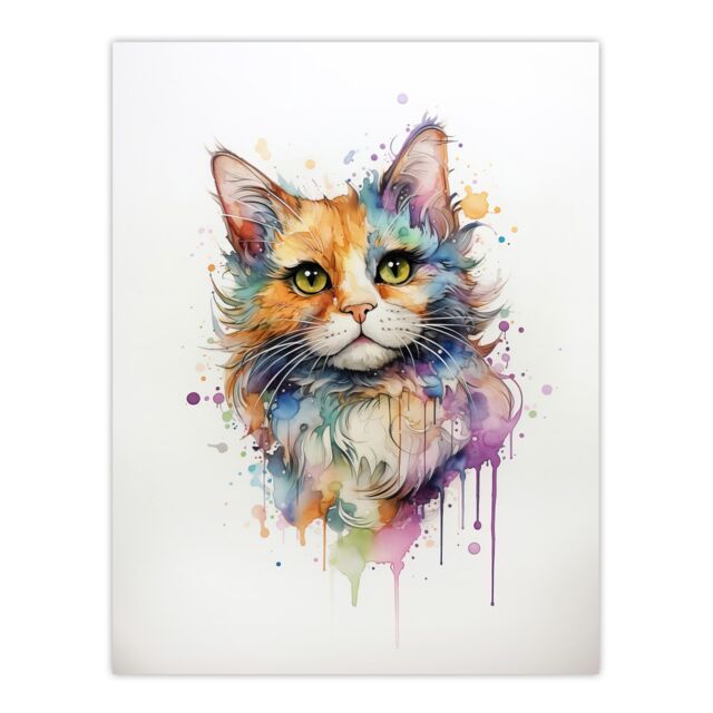 "Artery8 Wall Art Print Reverse Calico Cat Lovers Gift Watercolour Pet Portrait Painting Artwork Poster - Size: W24"" x H32""" - image 1