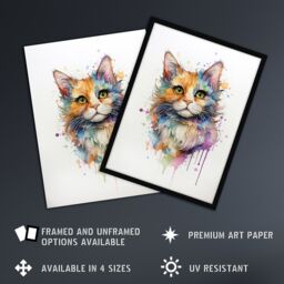 "Artery8 Wall Art Print Reverse Calico Cat Lovers Gift Watercolour Pet Portrait Painting Artwork Poster - Size: W24"" x H32""" - thumbnail 2