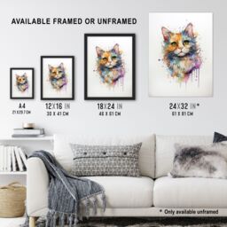 "Artery8 Wall Art Print Reverse Calico Cat Lovers Gift Watercolour Pet Portrait Painting Artwork Poster - Size: W24"" x H32""" - thumbnail 3