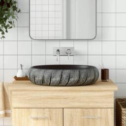 Berkfield Home Durable Countertop Basin Black & Grey Oval 59x40x15 cm Ceramic - Size: 59 x 40 x 15 cm - thumbnail 2