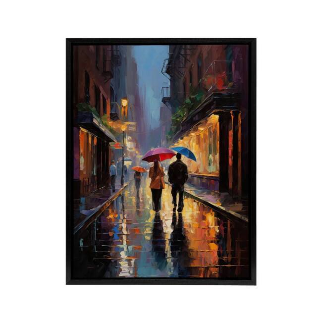"Artery8 Couple On Romantic Walk In The Rain Framed Canvas Wall Art Print in Blue - Size: W12"" x H16""" - image 1
