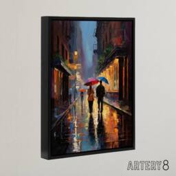 "Artery8 Couple On Romantic Walk In The Rain Framed Canvas Wall Art Print in Blue - Size: W12"" x H16""" - thumbnail 2