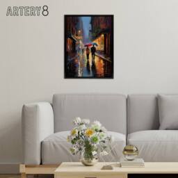 "Artery8 Couple On Romantic Walk In The Rain Framed Canvas Wall Art Print in Blue - Size: W12"" x H16""" - thumbnail 3