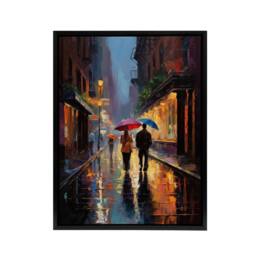 "Artery8 Couple On Romantic Walk In The Rain Framed Canvas Wall Art Print in Blue - Size: W12"" x H16""" - thumbnail 1