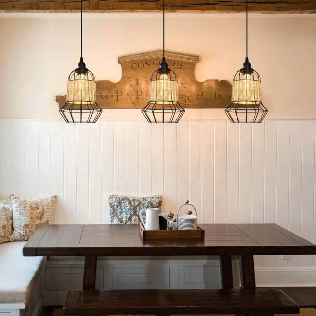 Living and Home attan & Iron Bar Pendant Light Basket-Weave Kitchen Island Lighting in Natural - image 1
