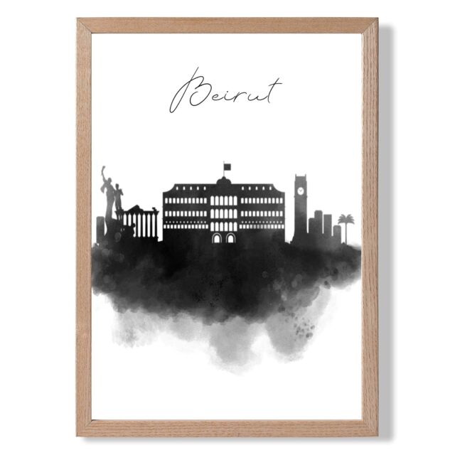 ARTZE Beirut Watercolour Skyline City Framed Print SIZE: A2 with Oak Frame in Black - Size: A4 - image 1