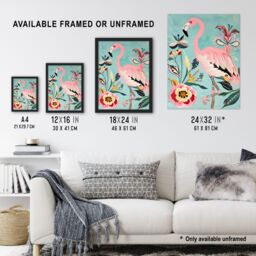 Artery8 Flamingo Bird & Exotic Flowers Bright Painting Framed Art Print in Pink - Size: A4 - thumbnail 3