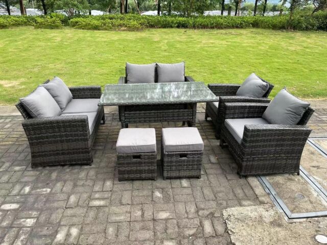 Fimous 8 Seater High Back Dark Grey Mixed Rattan Sofa Dining Table Set Garden Furniture Love Sofa Arm Chair Stools