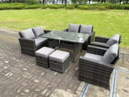Fimous 8 Seater High Back Dark Grey Mixed Rattan Sofa Dining Table Set Garden Furniture Love Sofa Arm Chair Stools - thumbnail 3