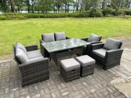 Fimous 8 Seater High Back Dark Grey Mixed Rattan Sofa Dining Table Set Garden Furniture Love Sofa Arm Chair Stools - thumbnail 2