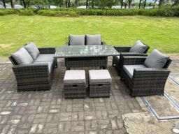 Fimous 8 Seater High Back Dark Grey Mixed Rattan Sofa Dining Table Set Garden Furniture Love Sofa Arm Chair Stools - thumbnail 1