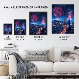 Artery8 Edinburgh Fireworks Night Magical Cityscape Framed Art Print in Blue - Size: A4 - thumbnail 3