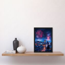 Artery8 Edinburgh Fireworks Night Magical Cityscape Framed Art Print in Blue - Size: A4 - thumbnail 4