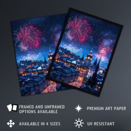 Artery8 Edinburgh Fireworks Night Magical Cityscape Framed Art Print in Blue - Size: A4 - thumbnail 2