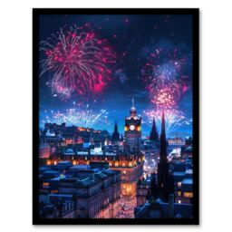 Artery8 Edinburgh Fireworks Night Magical Cityscape Framed Art Print in Blue - Size: A4 - thumbnail 1