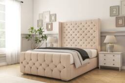 "Comfort Beds Monte Carlo Naples Bed Frame - 50"" Upholstered Wingback Headboard in Light Sand - Size: Small Double"