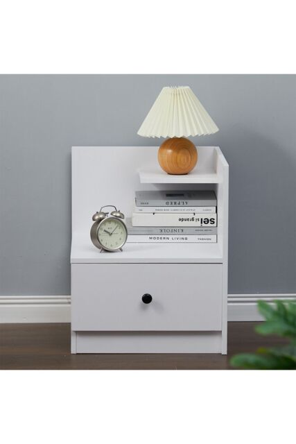 Living and Home Modern Style Wooden Bedside Table with Drawer and Shelf Nightstand in White - image 1
