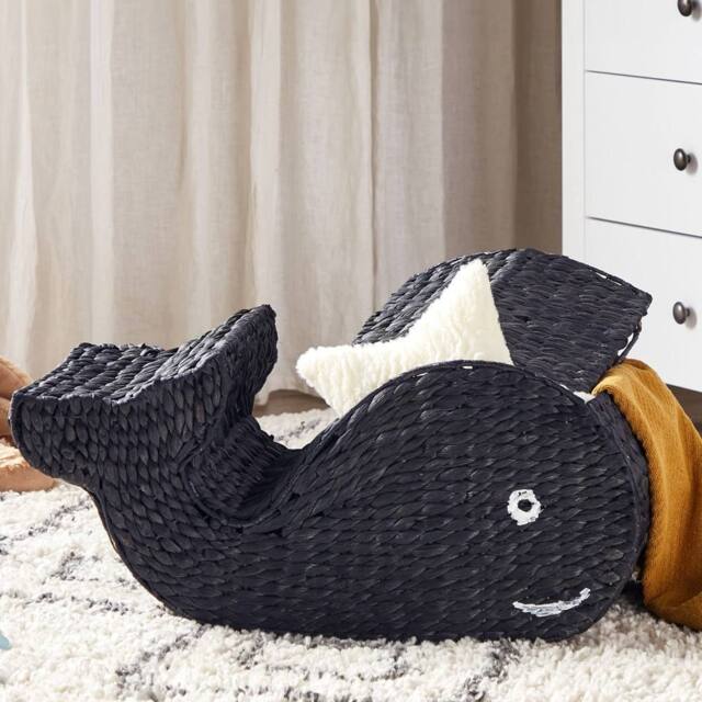 Wyld and Coco Whale-Shaped Wicker Storage Basket with Lid Black - image 1