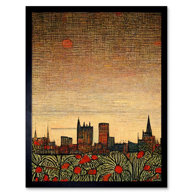 "Artery8 Wall Art Print Floral City Skyline Poppies William Morris Art Framed in Black - Size: W12"" x H16""" - image 1