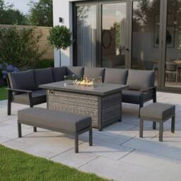 Furnishings For Less UK Aluminium Garden Corner Sofa Set with Fire Pit Table (LHF) in Grey