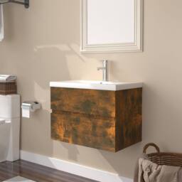 Berkfield Home Sink Cabinet with Built-in Basin Smoked Oak Engineered Wood in Brown - thumbnail 2