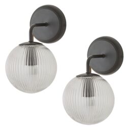 ValueLights Kempton Pair of Ribbed Glass Globe Shade Single Arm Wall Lights in Black - thumbnail 1