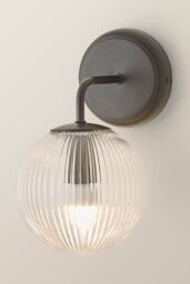 ValueLights Kempton Pair of Ribbed Glass Globe Shade Single Arm Wall Lights in Black - thumbnail 4