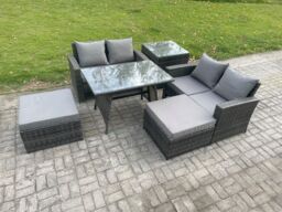 Fimous 6 Seater Garden Dining Set Wicker PE Rattan Outdoor Furniture Sofa with Rectangular Dining Table Double Seat Sofa 2 Big Footstool Side Table - thumbnail 2
