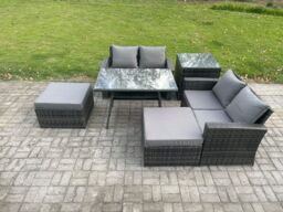 Fimous 6 Seater Garden Dining Set Wicker PE Rattan Outdoor Furniture Sofa with Rectangular Dining Table Double Seat Sofa 2 Big Footstool Side Table - thumbnail 1