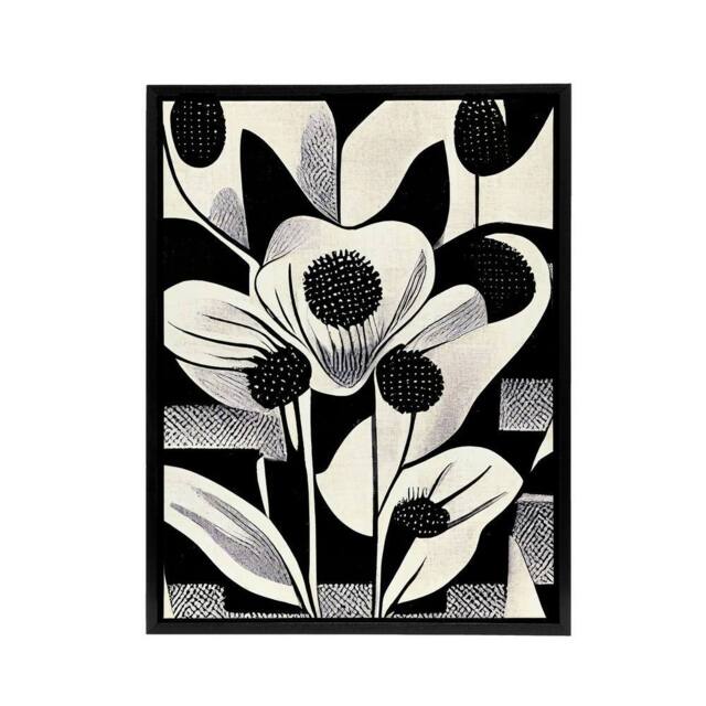 "Artery8 Abstract Flowers Floral Black White Framed Canvas Wall Art Print - Size: W12"" x H16""" - image 1