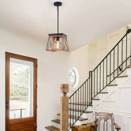 NIVOR 1-Light Rustic Lantern Chandelier Adjustable Cage Wooden Pendant in Brown - thumbnail 7