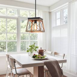 NIVOR 1-Light Rustic Lantern Chandelier Adjustable Cage Wooden Pendant in Brown - thumbnail 5