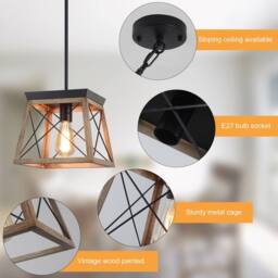NIVOR 1-Light Rustic Lantern Chandelier Adjustable Cage Wooden Pendant in Brown - thumbnail 9