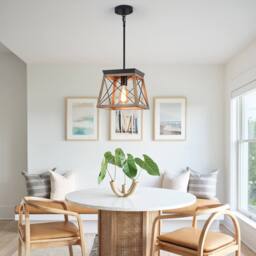NIVOR 1-Light Rustic Lantern Chandelier Adjustable Cage Wooden Pendant in Brown - thumbnail 4